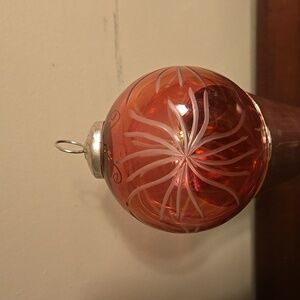 Cranberry Glass Etched Kugel Ornament 5 inches tall